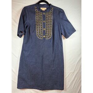 Michael Michael Kors Denim Studded Bib Shift Dress Blue Gold Studs Medium